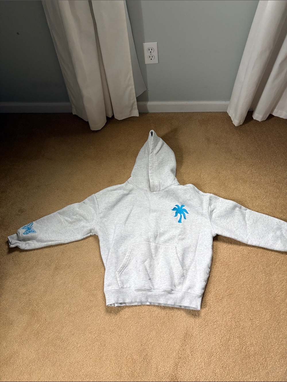 Kids Light Gray Hoodie with Blue Palm Tree Graphic